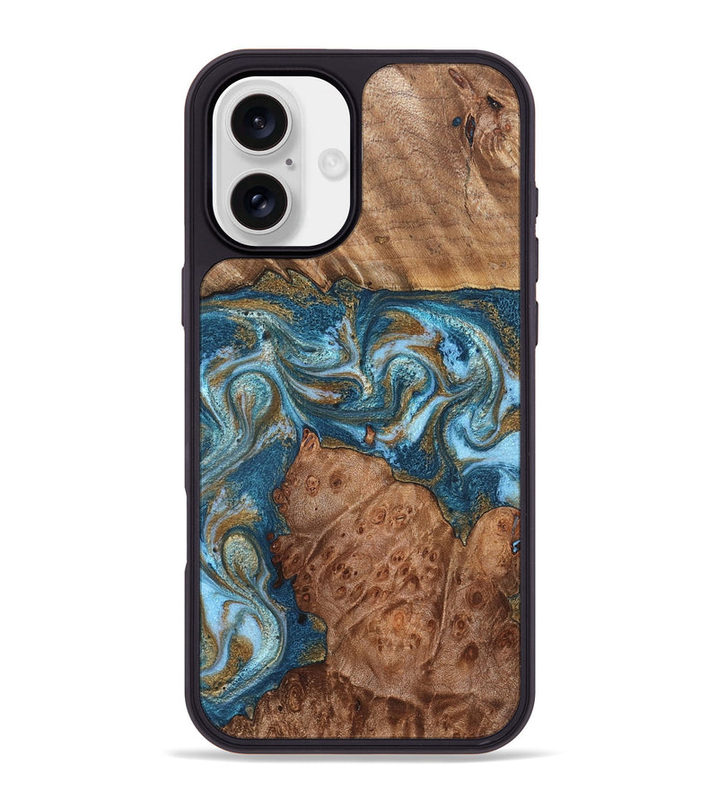iPhone 16 Plus Wood Phone Case - Audrey (Teal & Gold, 826507)