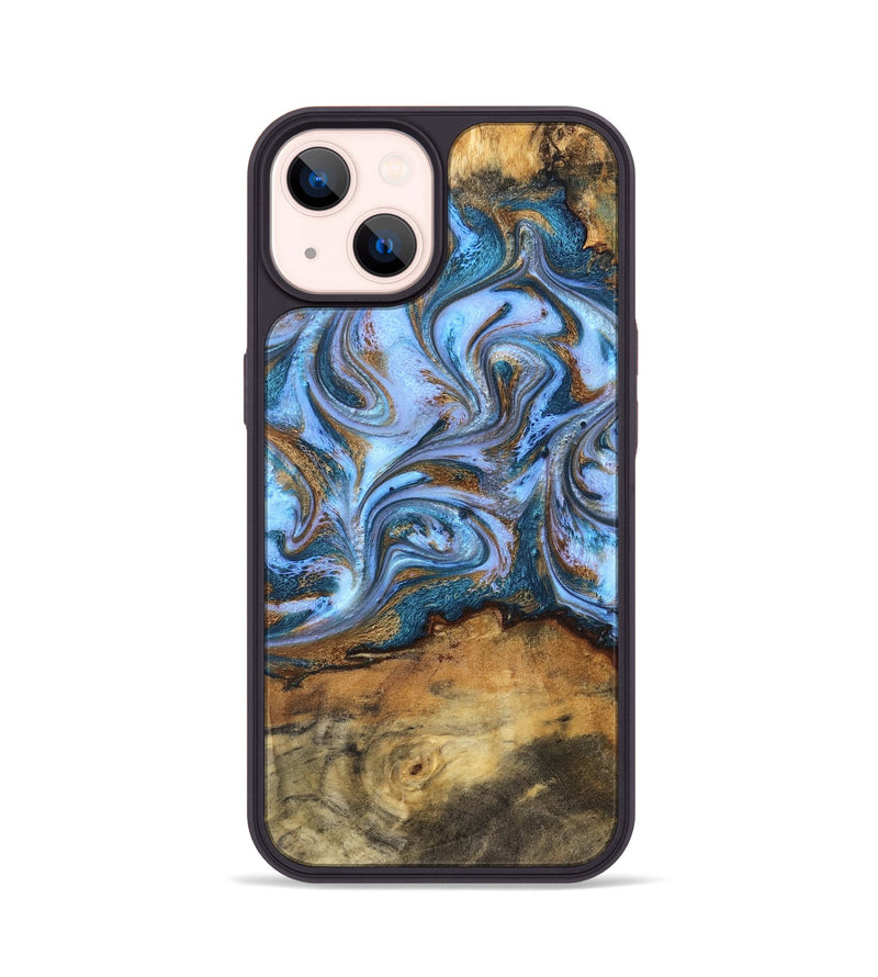 iPhone 14 Wood Phone Case - Hendrix (Teal & Gold, 831003)
