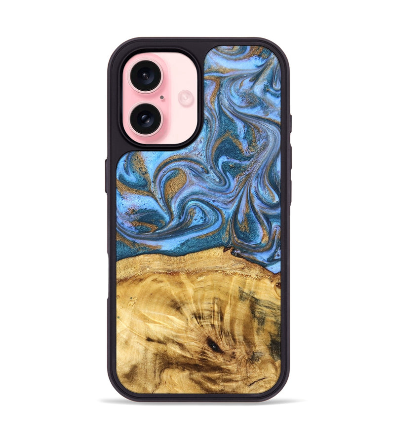 iPhone 16 Wood Phone Case - Lena (Teal & Gold, 831018)