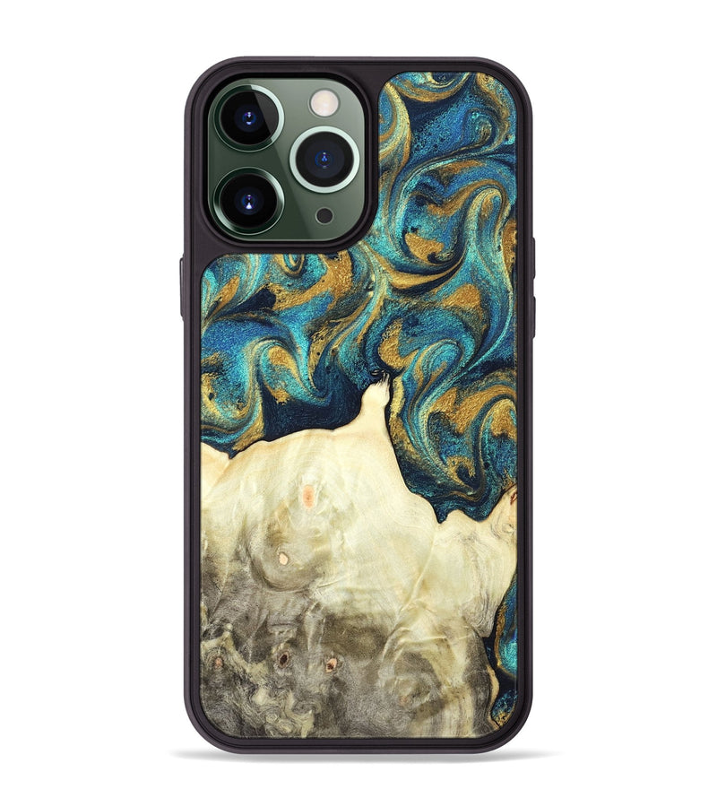 iPhone 13 Pro Max Wood Phone Case - Candis (Teal & Gold, 831752)