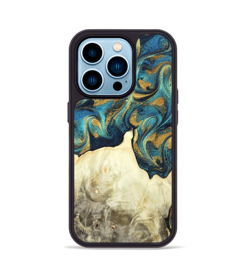 iPhone 14 Pro Wood Phone Case - Candis (Teal & Gold, 831752)