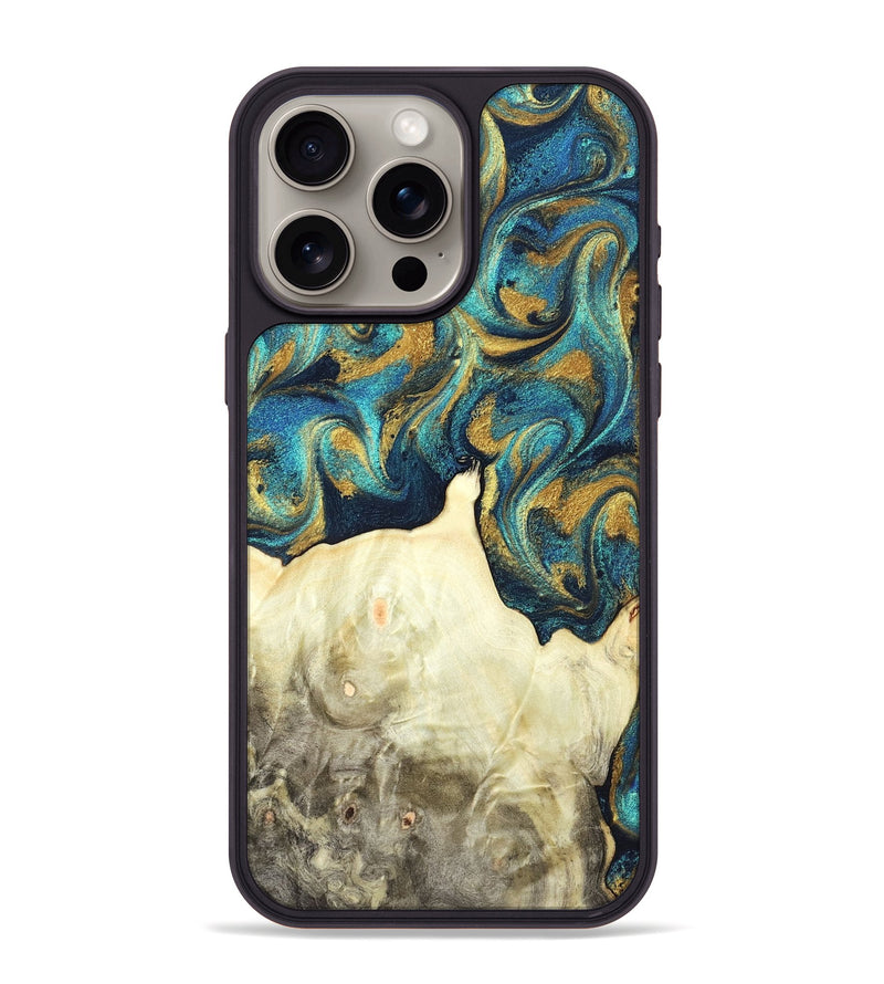 iPhone 15 Pro Max Wood Phone Case - Candis (Teal & Gold, 831752)